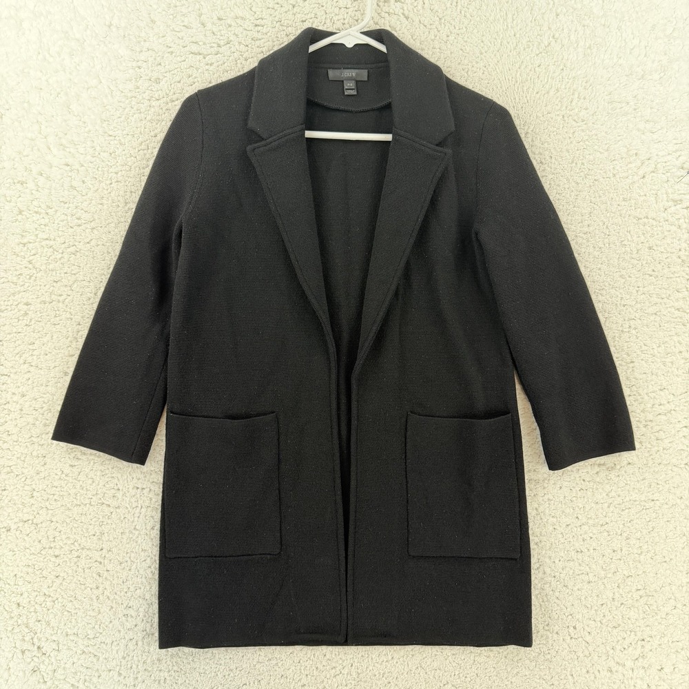 J Crew Coatigan Womens Petite PXS Black Merino Wool Knit Open Front Pockets